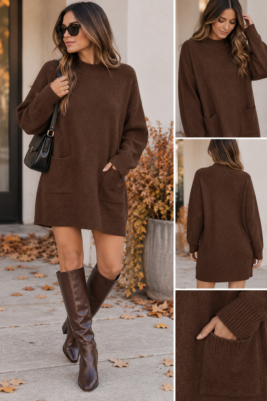Forever 21 Cocoa Brown Mock Neck Sweater Mini Dress Pockets Women’s L